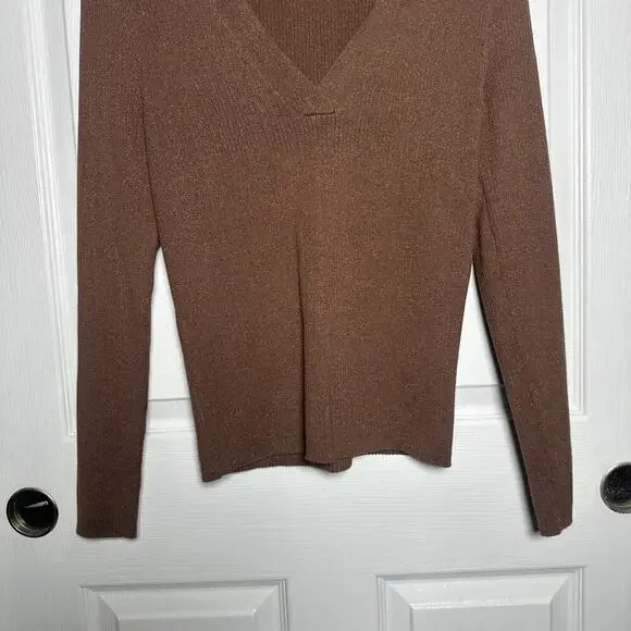 Maeve Thea Ribbed V-Neck Sweater Top Medium Honey Brown Metallic Anthropologie - Picture 5 of 9